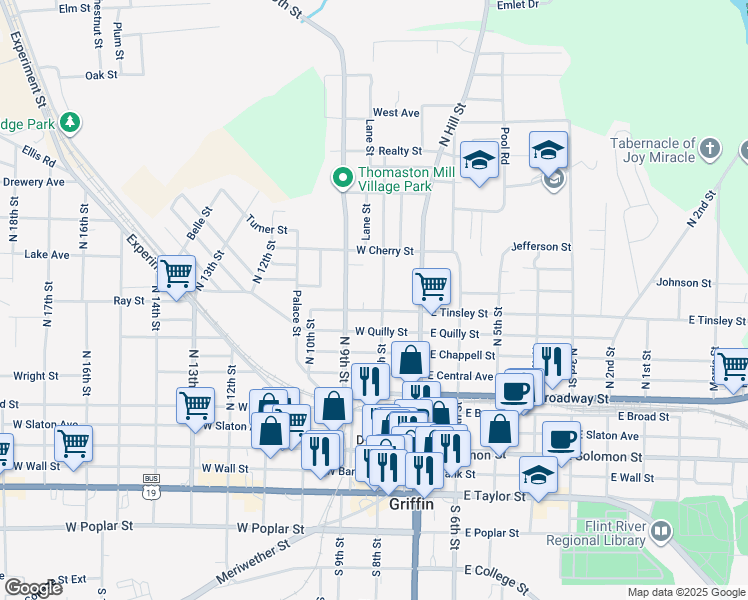 map of restaurants, bars, coffee shops, grocery stores, and more near 202 West Tinsley Street in Griffin