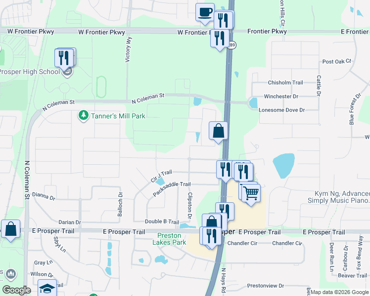 map of restaurants, bars, coffee shops, grocery stores, and more near 1201 Saint Peter Lane in Prosper