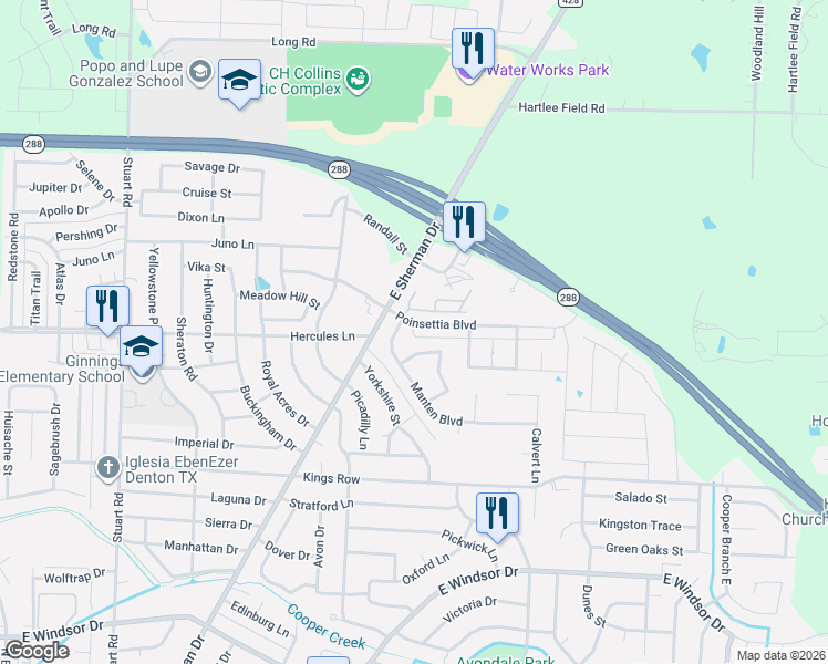 map of restaurants, bars, coffee shops, grocery stores, and more near 1321 Manten Boulevard in Denton