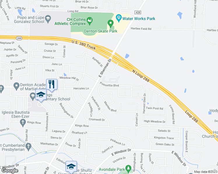 map of restaurants, bars, coffee shops, grocery stores, and more near 1406 Poinsettia Boulevard in Denton
