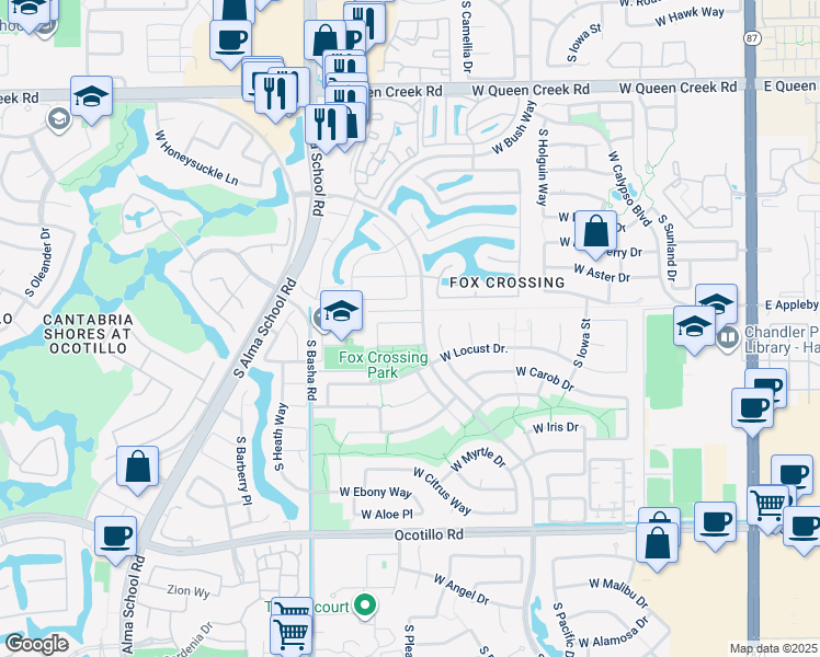 map of restaurants, bars, coffee shops, grocery stores, and more near 713 West Indigo Drive in Chandler