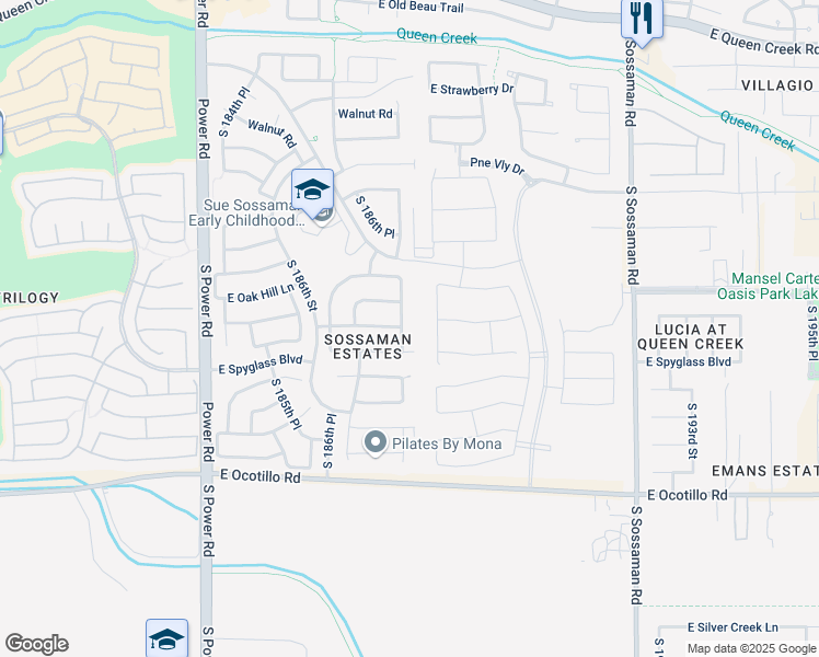 map of restaurants, bars, coffee shops, grocery stores, and more near 21499 South 187th Way in Queen Creek