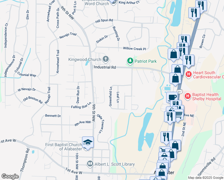 map of restaurants, bars, coffee shops, grocery stores, and more near 157 Greenfield Lane in Alabaster