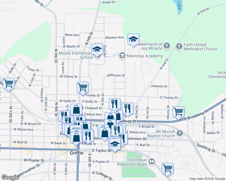 map of restaurants, bars, coffee shops, grocery stores, and more near 314 East Tinsley Street in Griffin