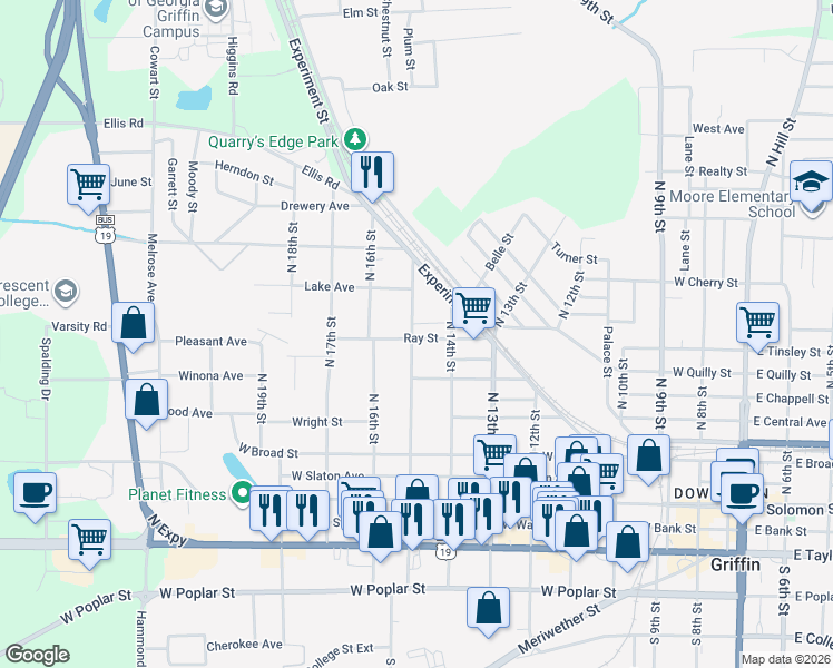 map of restaurants, bars, coffee shops, grocery stores, and more near 322 North 15th Street in Griffin