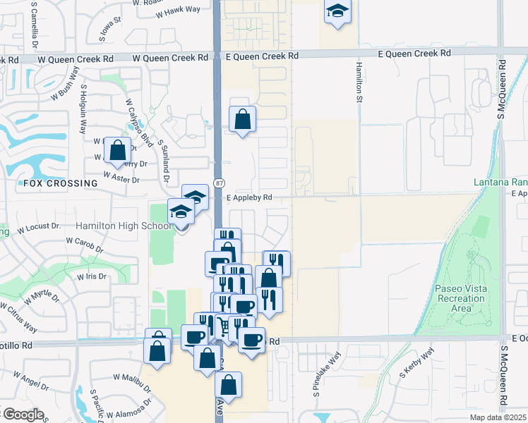 map of restaurants, bars, coffee shops, grocery stores, and more near 3516 South Colorado Street in Chandler