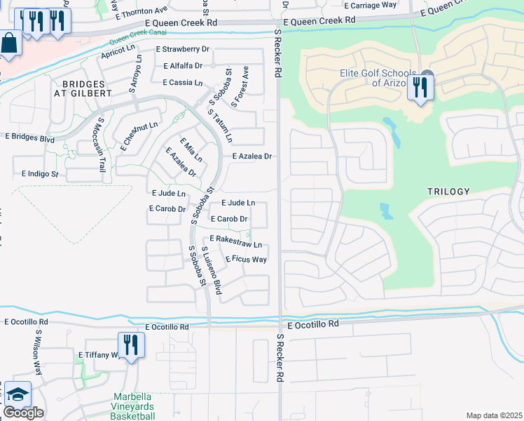 map of restaurants, bars, coffee shops, grocery stores, and more near 3907 East Carob Drive in Gilbert