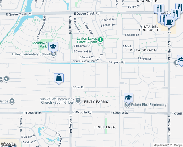 map of restaurants, bars, coffee shops, grocery stores, and more near 21407 South 145th Street in Gilbert