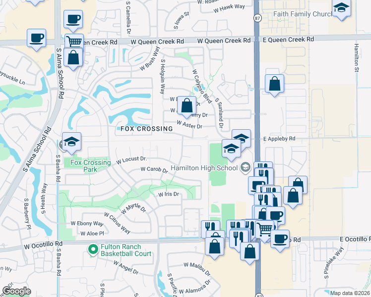 map of restaurants, bars, coffee shops, grocery stores, and more near 373 West Jade Court in Chandler