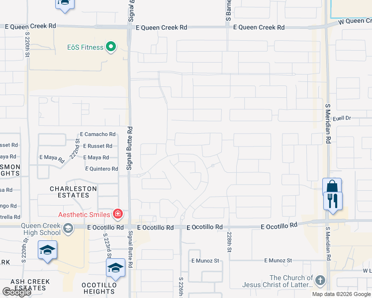 map of restaurants, bars, coffee shops, grocery stores, and more near 22618 E Spyglass Blvd in Queen Creek