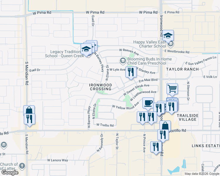 map of restaurants, bars, coffee shops, grocery stores, and more near 753 Basswood Avenue in Queen Creek