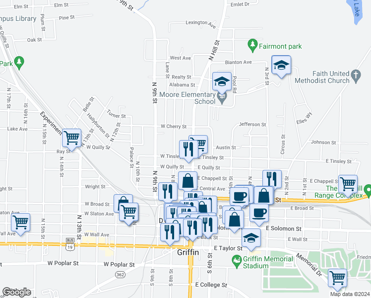 map of restaurants, bars, coffee shops, grocery stores, and more near 413 North Hill Street in Griffin