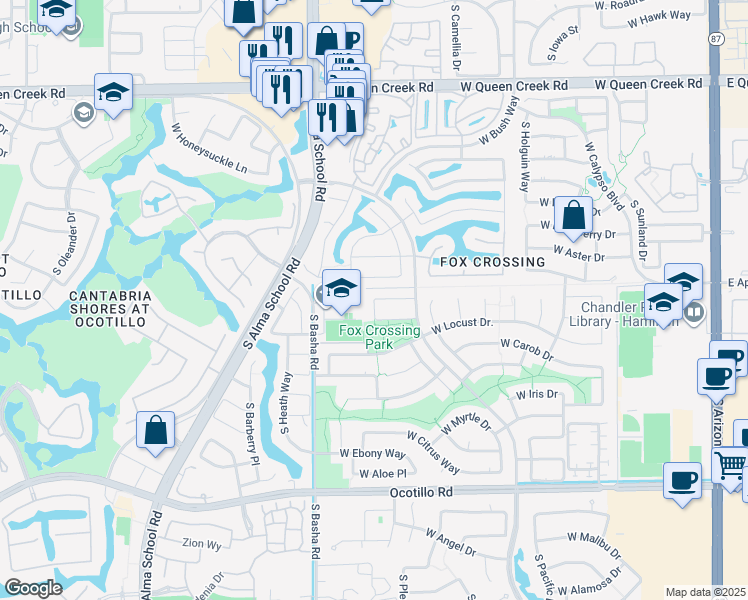 map of restaurants, bars, coffee shops, grocery stores, and more near 2721 South McClelland Drive in Chandler
