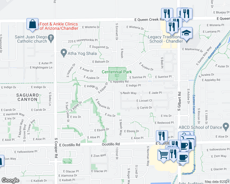 map of restaurants, bars, coffee shops, grocery stores, and more near 3605 South Danielson Way in Chandler