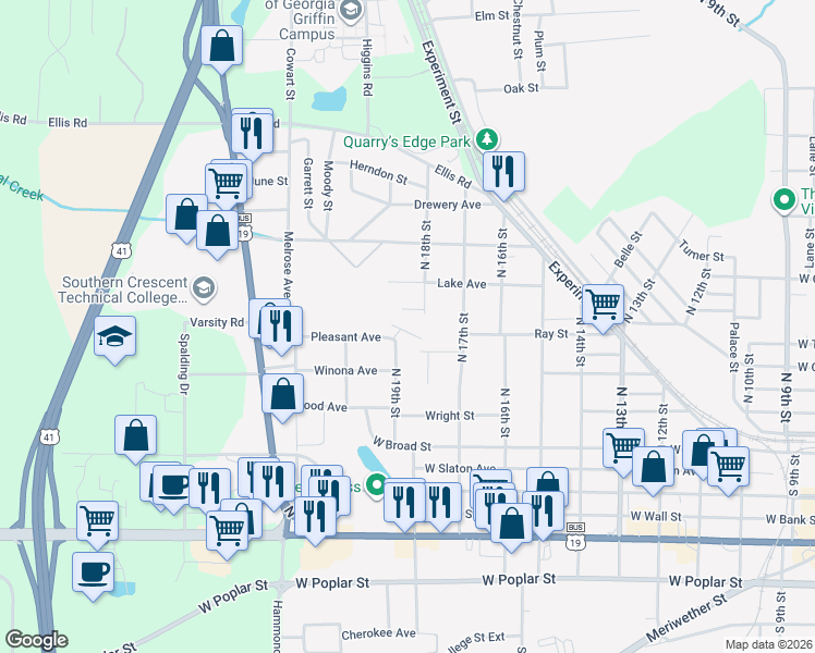 map of restaurants, bars, coffee shops, grocery stores, and more near 360 North 19th Street in Griffin