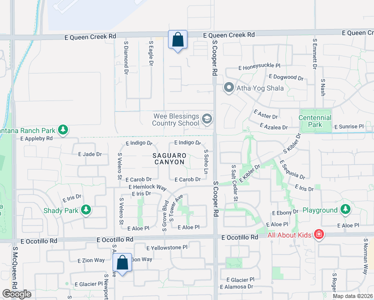 map of restaurants, bars, coffee shops, grocery stores, and more near 1860 East Indigo Drive in Chandler