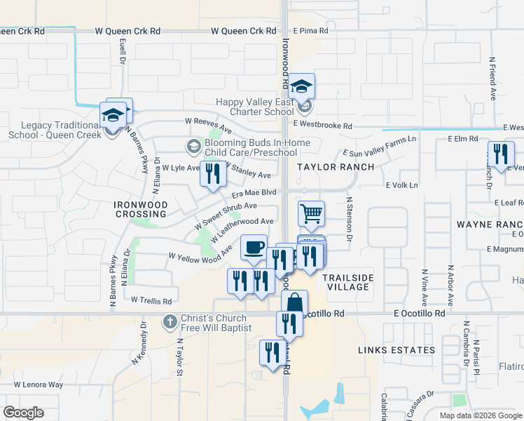 map of restaurants, bars, coffee shops, grocery stores, and more near 98 West Sweet Shrub Avenue in San Tan Valley