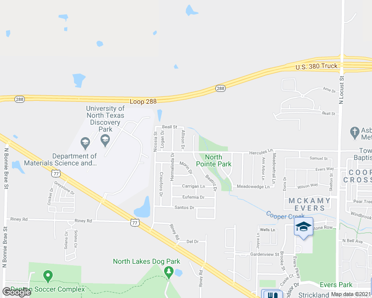 map of restaurants, bars, coffee shops, grocery stores, and more near 3700 Allison Drive in Denton