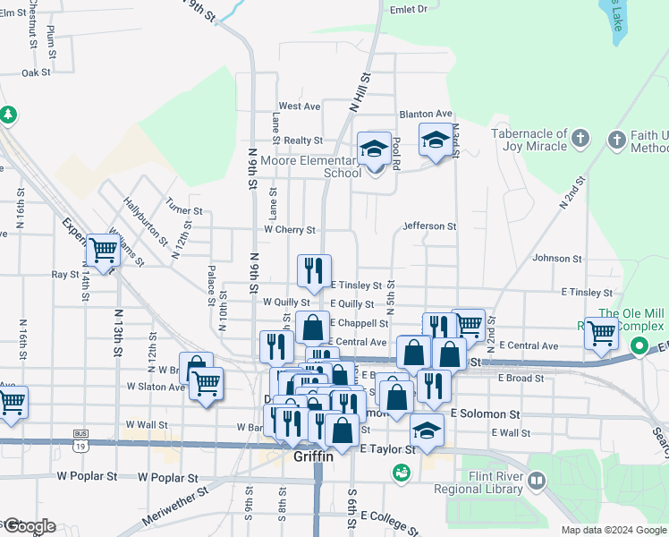 map of restaurants, bars, coffee shops, grocery stores, and more near 408 North Hill Street in Griffin