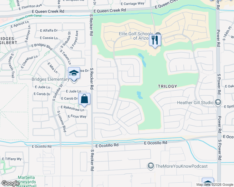 map of restaurants, bars, coffee shops, grocery stores, and more near 5281 South Harvest Street in Gilbert