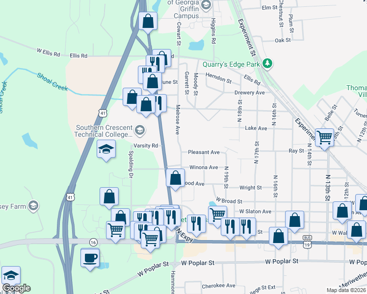 map of restaurants, bars, coffee shops, grocery stores, and more near 430 Melrose Avenue in Griffin