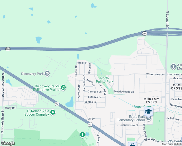 map of restaurants, bars, coffee shops, grocery stores, and more near 3700 Allison Drive in Denton