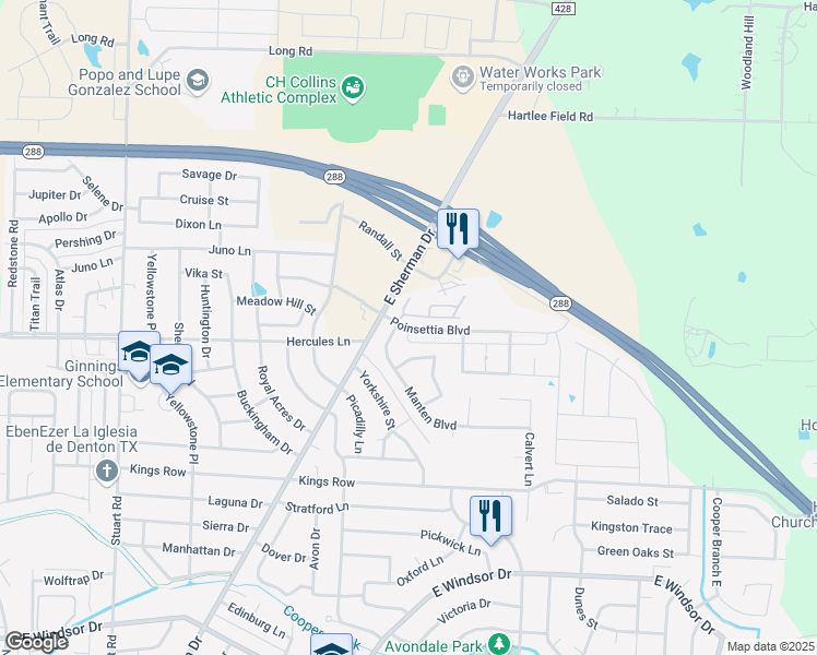 map of restaurants, bars, coffee shops, grocery stores, and more near 1255 Poinsettia Boulevard in Denton