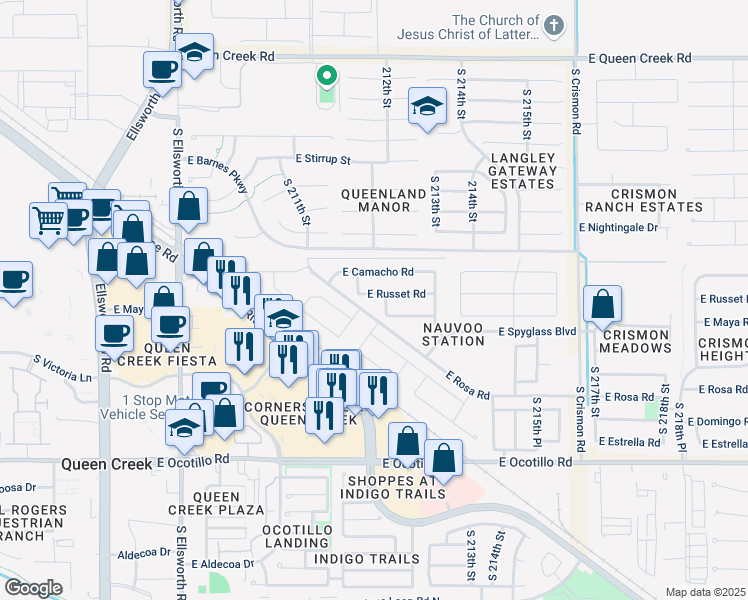 map of restaurants, bars, coffee shops, grocery stores, and more near 21228 East Russet Road in Queen Creek