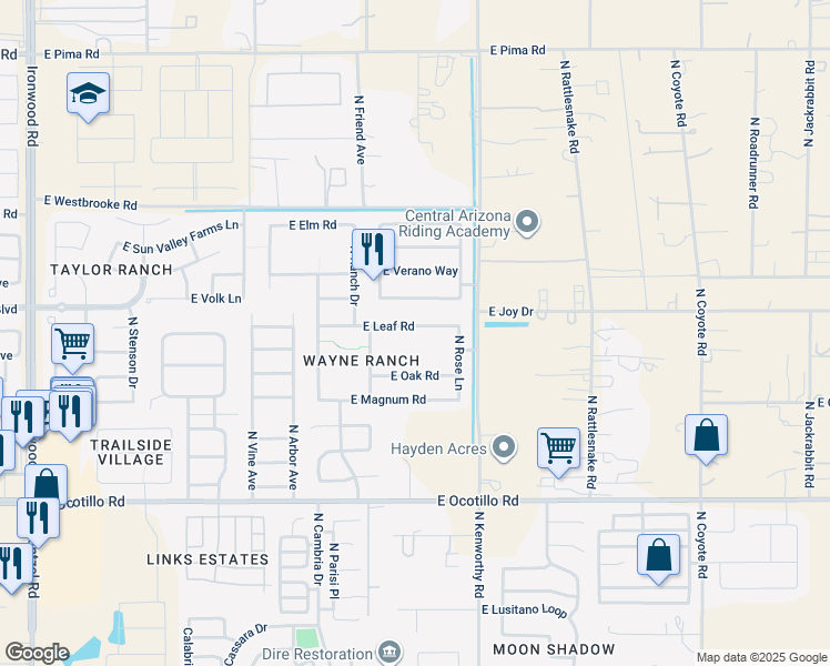 map of restaurants, bars, coffee shops, grocery stores, and more near 1564 East Leaf Road in Queen Creek