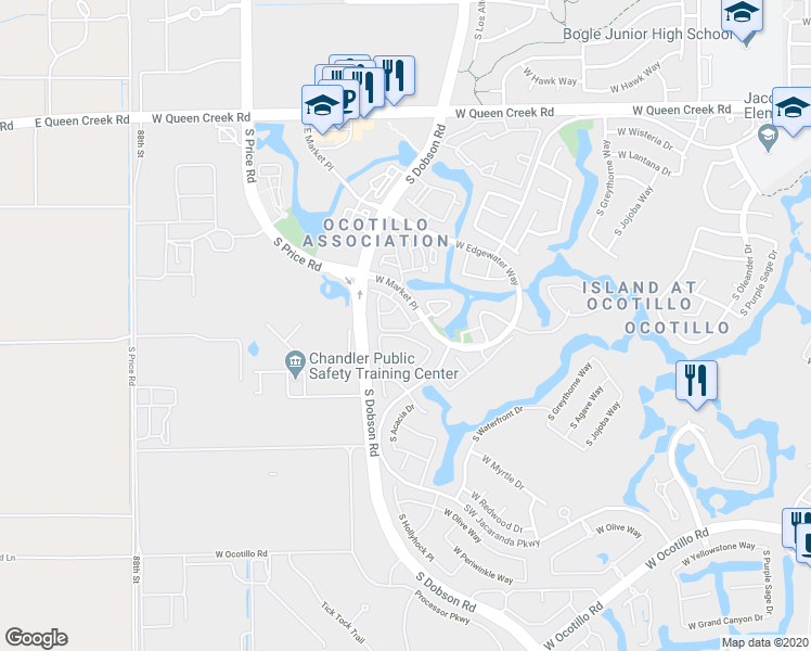 map of restaurants, bars, coffee shops, grocery stores, and more near 2460 West Hope Circle in Chandler