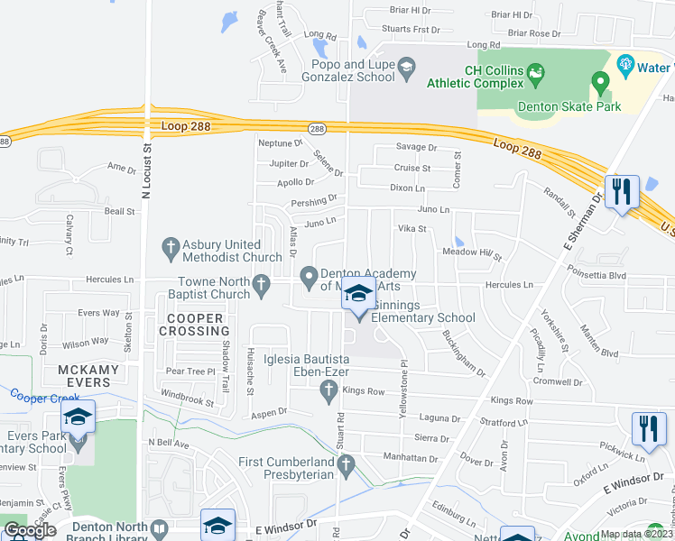 map of restaurants, bars, coffee shops, grocery stores, and more near 3816 Stuart Road in Denton