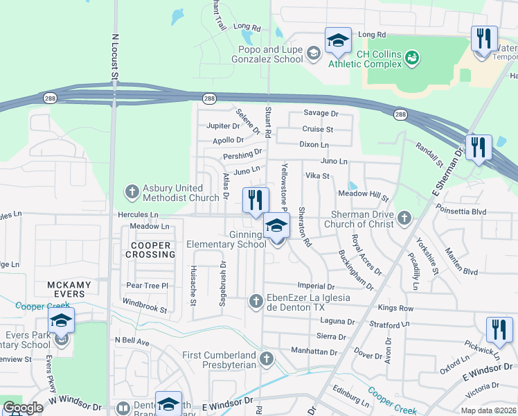 map of restaurants, bars, coffee shops, grocery stores, and more near 3816 Stuart Road in Denton