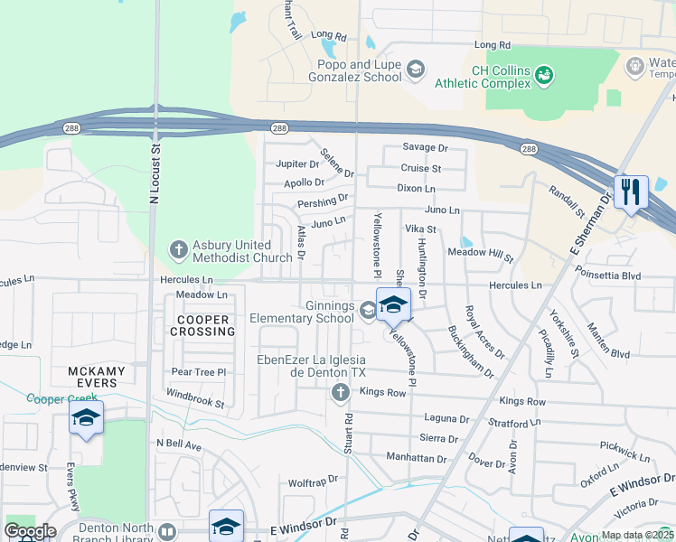 map of restaurants, bars, coffee shops, grocery stores, and more near 3813 Camelot Street in Denton