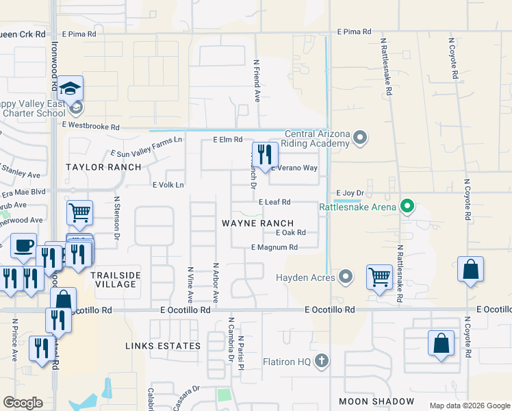 map of restaurants, bars, coffee shops, grocery stores, and more near 1391 East Leaf Road in Queen Creek