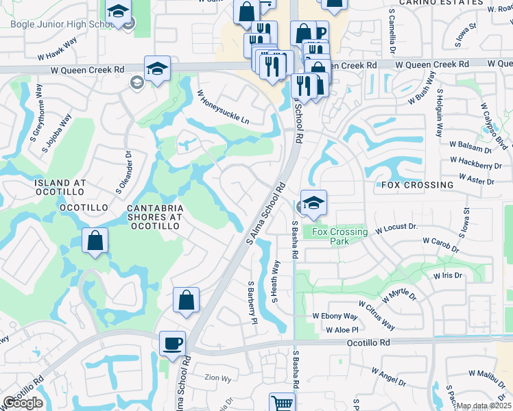 map of restaurants, bars, coffee shops, grocery stores, and more near 1142 West Sunrise Place in Chandler