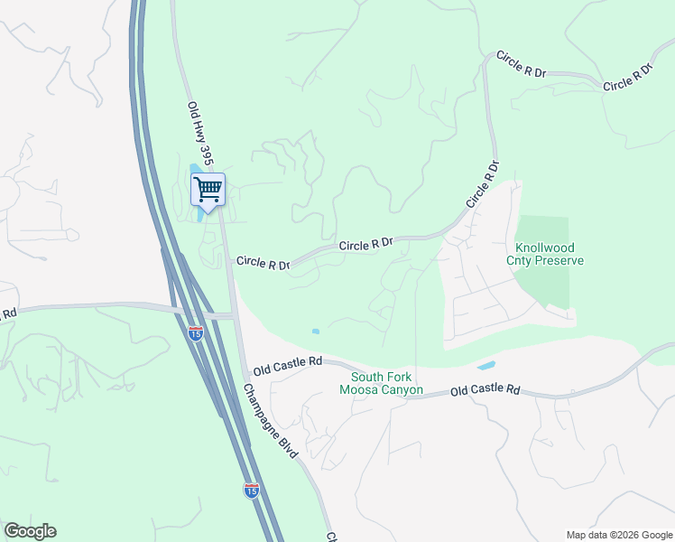 map of restaurants, bars, coffee shops, grocery stores, and more near 8677 Circle R Course Lane in Escondido