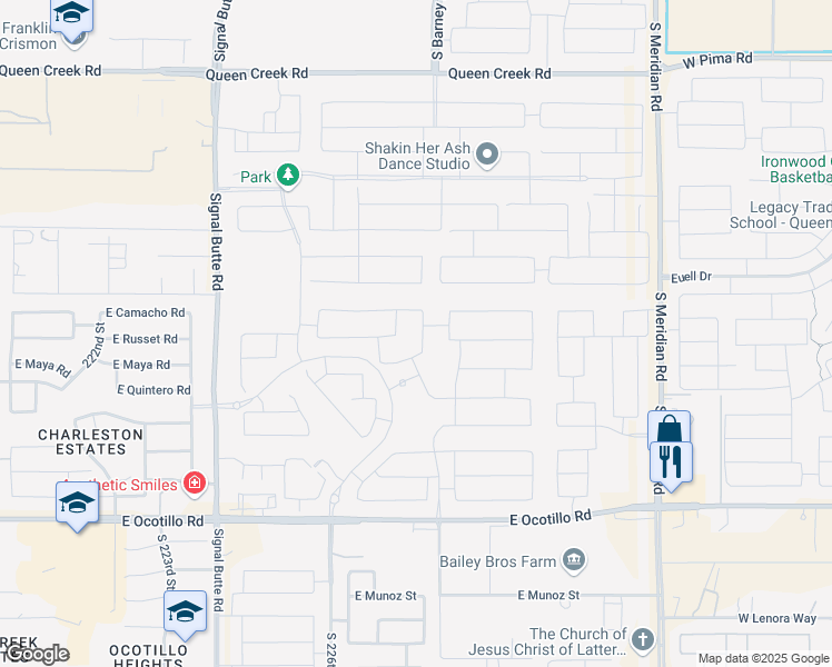 map of restaurants, bars, coffee shops, grocery stores, and more near 22740 East Camacho Road in Queen Creek