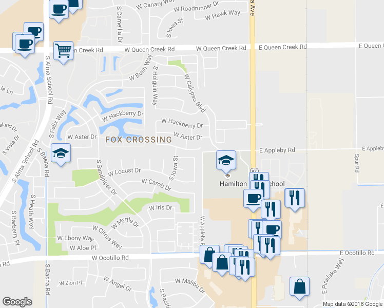 map of restaurants, bars, coffee shops, grocery stores, and more near 332 West Indigo Drive in Chandler