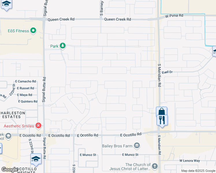 map of restaurants, bars, coffee shops, grocery stores, and more near 22821 East Camacho Road in Queen Creek