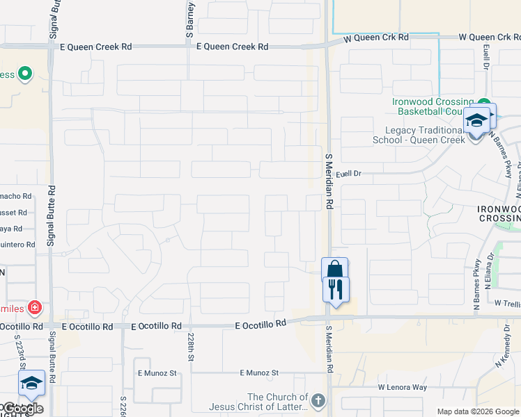map of restaurants, bars, coffee shops, grocery stores, and more near 23031 East Camacho Road in Queen Creek