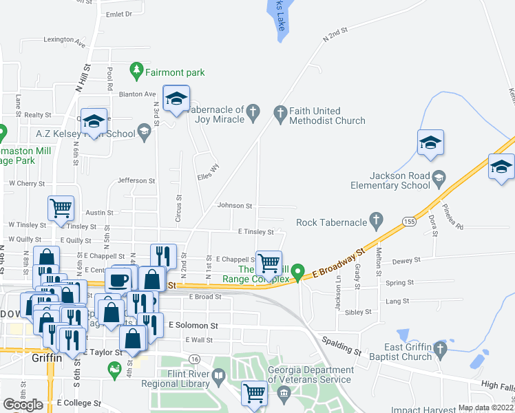 map of restaurants, bars, coffee shops, grocery stores, and more near 398 Morris Street in Griffin