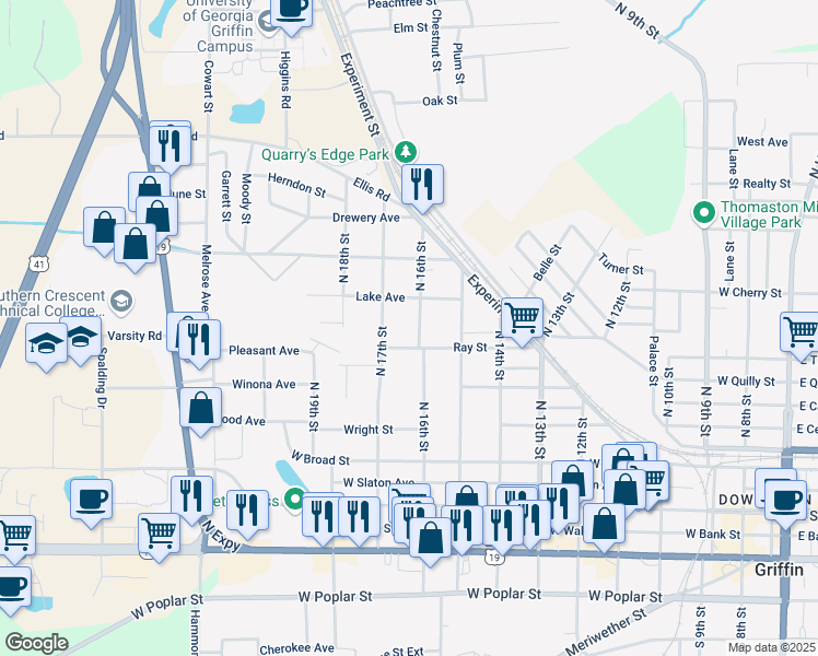 map of restaurants, bars, coffee shops, grocery stores, and more near 417 North 16th Street in Griffin
