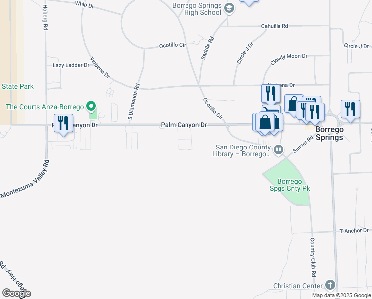 map of restaurants, bars, coffee shops, grocery stores, and more near 443 Sun and Shadows Drive in Borrego Springs