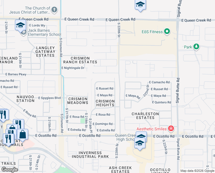 map of restaurants, bars, coffee shops, grocery stores, and more near 21983 East Camacho Road in Queen Creek