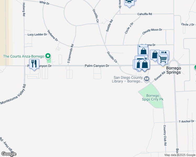 map of restaurants, bars, coffee shops, grocery stores, and more near 443 Sun and Shadows Drive in Borrego Springs