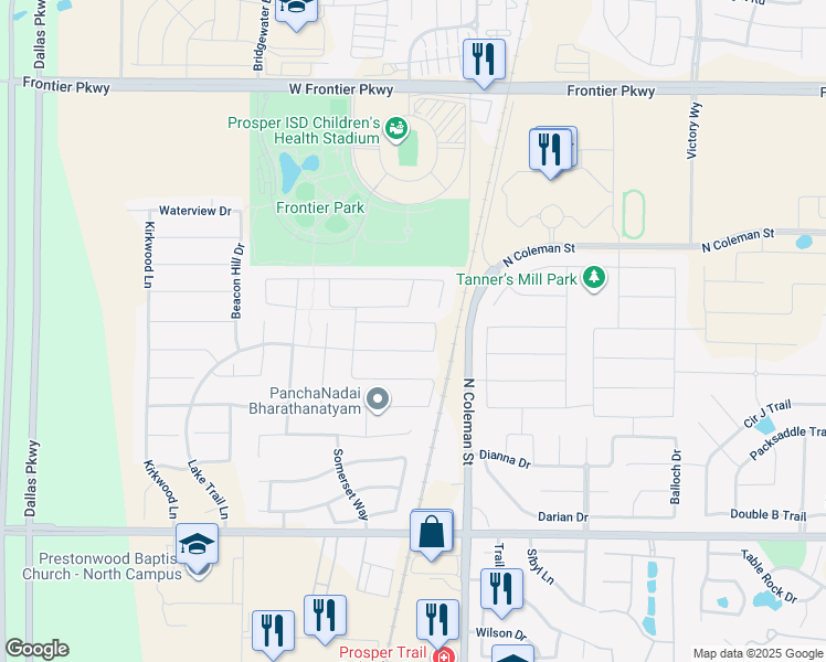 map of restaurants, bars, coffee shops, grocery stores, and more near 311 Fawn Mist Drive in Prosper