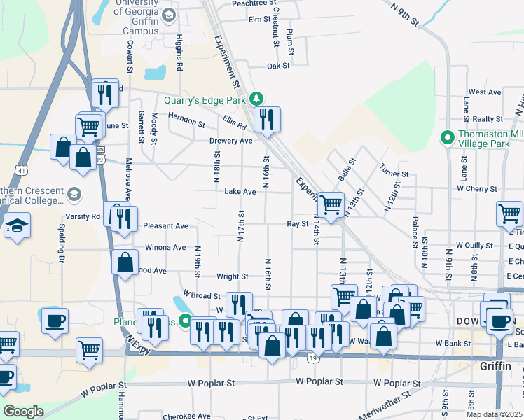 map of restaurants, bars, coffee shops, grocery stores, and more near 417 North 16th Street in Griffin