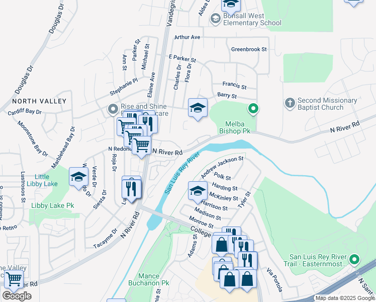 map of restaurants, bars, coffee shops, grocery stores, and more near 5130 River Circle in Oceanside
