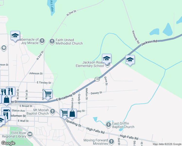 map of restaurants, bars, coffee shops, grocery stores, and more near 1155 Jackson Road in Griffin