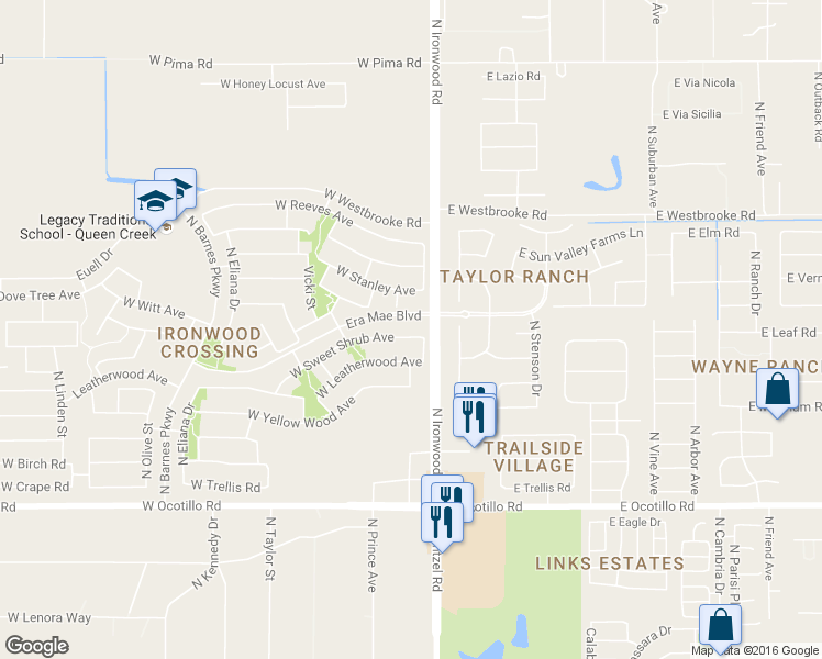 map of restaurants, bars, coffee shops, grocery stores, and more near 98 West Sweet Shrub Avenue in San Tan Valley